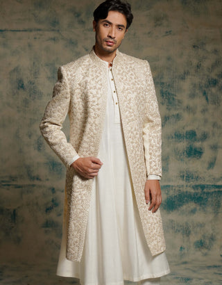 Ivory embroidered pearl open sherwani set