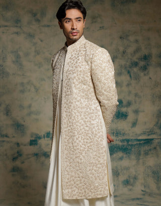 Ivory embroidered pearl open sherwani set