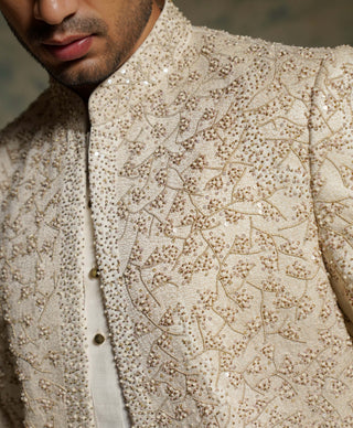 Ivory embroidered pearl open sherwani set