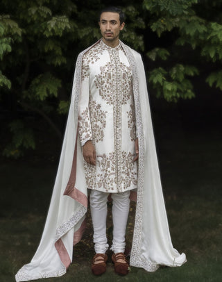 Ivory Fleur Sherwani Set by Jatin Malik available on Indiaspopup.com