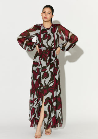 Beige pink and green floral long dress