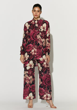 Black pink and white floral bow tie shirt and pant