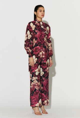 Black pink and white floral bow tie shirt and pant