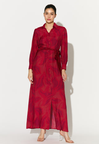 Red and pink floral sleeveless shirt dress