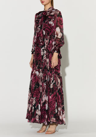 Black pink and white floral long dress