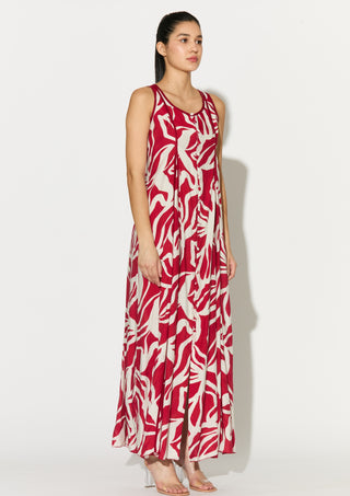 Red and white floral sleeveless long dress