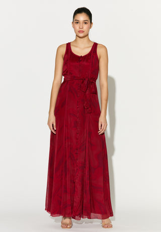 Red and pink floral sleeveless long dress