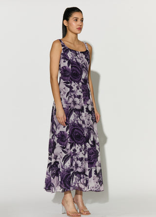 White and purple floral sleeveless dress