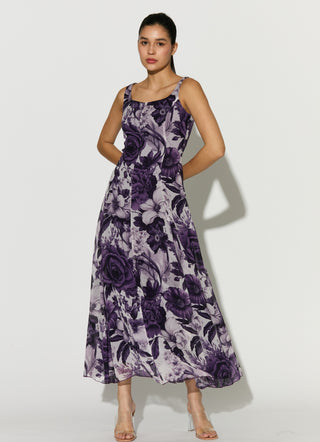 White and purple floral sleeveless dress