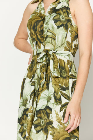 Cream and olive floral sleeveless shirt dress