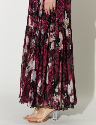 Black pink and white floral long dress