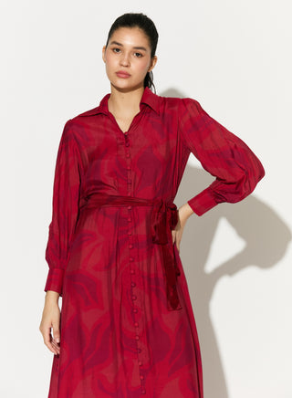 Red and pink floral sleeveless shirt dress