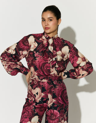 Black pink and white floral bow tie shirt and pant