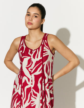 Red and white floral sleeveless long dress