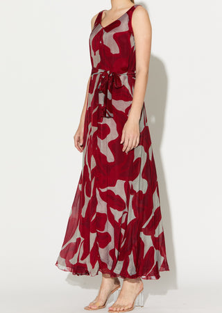 Beige and hot pink floral sleeveless long dress