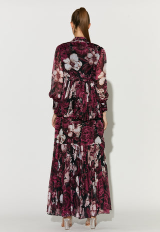 Black pink and white floral long dress