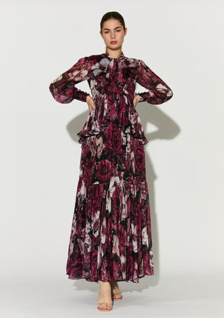 Black pink and white floral long dress