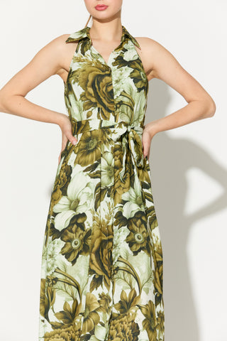 Cream and olive floral sleeveless shirt dress