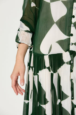 Green and white abstract long dress