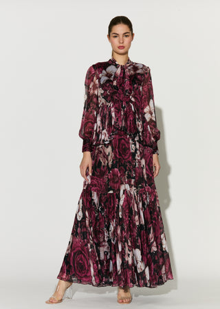 Black pink and white floral long dress