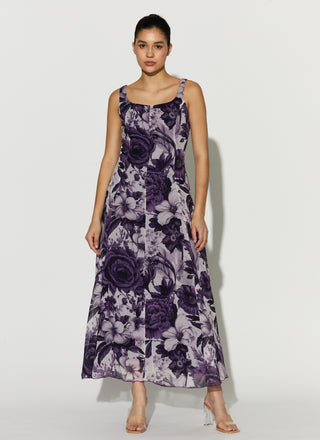 White and purple floral sleeveless dress