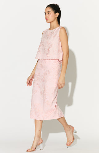 Light pink embroidered linen top and skirt