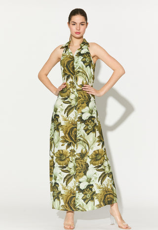 Cream and olive floral sleeveless shirt dress