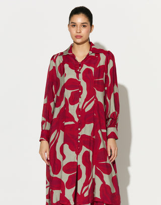 Beige and hot pink floral shirt dress