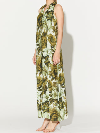 Cream and olive floral sleeveless shirt dress