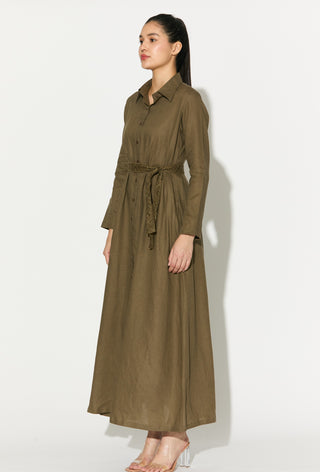 Sage green linen shirt dress