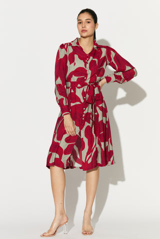 Beige and hot pink floral shirt dress