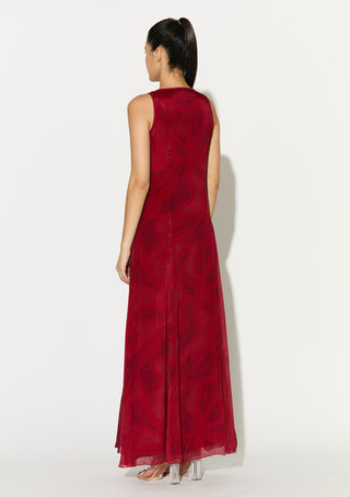 Red and pink floral sleeveless long dress