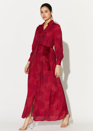 Red and pink floral sleeveless shirt dress