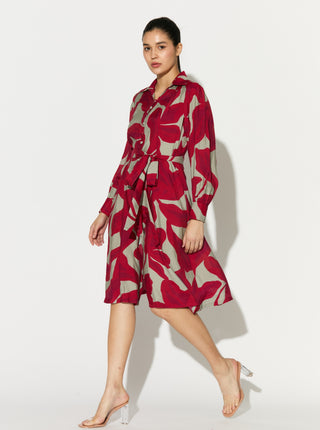 Beige and hot pink floral shirt dress