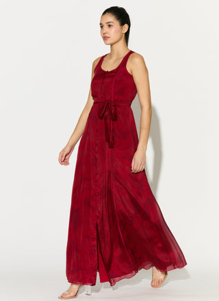 Red and pink floral sleeveless long dress