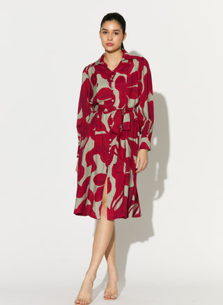 Beige and hot pink floral shirt dress