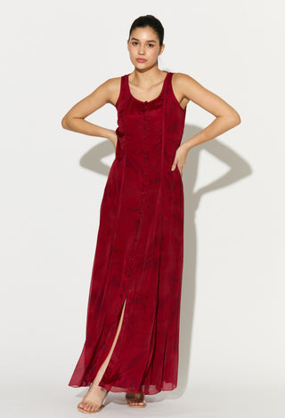 Red and pink floral sleeveless long dress
