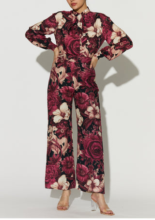 Black pink and white floral bow tie shirt and pant