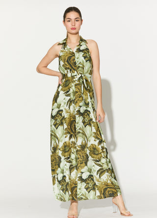 Cream and olive floral sleeveless shirt dress Cream and olive floral sleeveless shirt dress