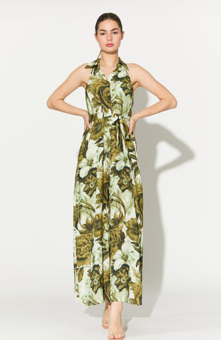 Cream and olive floral sleeveless shirt dress