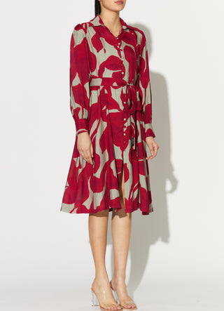 Beige and hot pink floral shirt dress