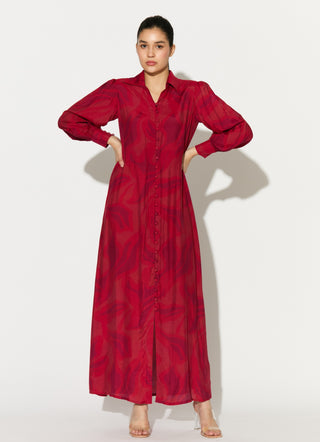 Red and pink floral sleeveless shirt dress