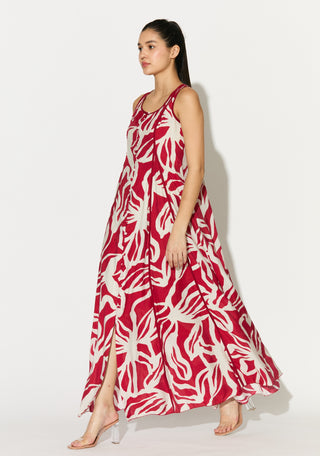 Red and white floral sleeveless long dress