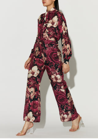 Black pink and white floral bow tie shirt and pant