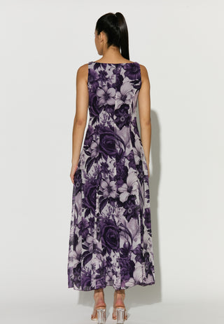 White and purple floral sleeveless dress