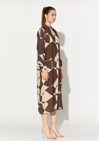 Brown and white abstract long shirt dress