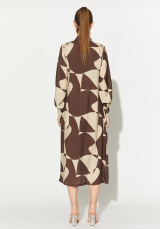 Brown and white abstract long shirt dress