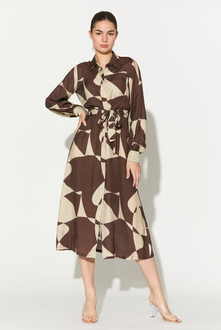 Brown and white abstract long shirt dress