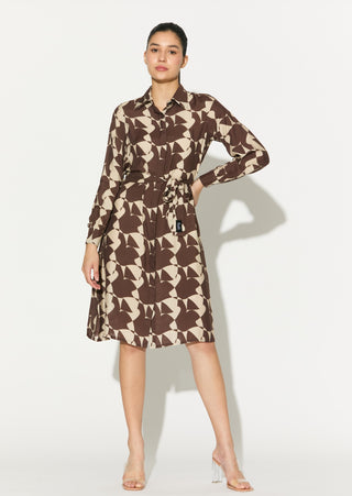Brown and white abstract shirt dress