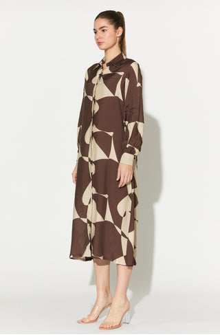 Brown and white abstract long shirt dress